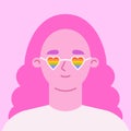 Pink haired female in LGBTIQ flag sunglasses