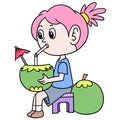Pink haired girl sits drinking young coconut on a hot day, doodle icon image kawaii Royalty Free Stock Photo