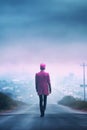 pink haired teen boy walking towards the city. k-pop culture style. Royalty Free Stock Photo