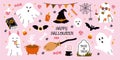 Pink Halloween concept. Set isolated cute colorful hand drawn cartoon elements. Ghosts, hat, cauldron, bat for kids. Royalty Free Stock Photo