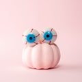 Pink Halloween pumpkin with eyeballs on a pink background. Minimal Halloween spooky concept