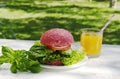 Pink hamburger, basil and orange juice Royalty Free Stock Photo