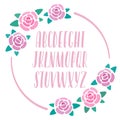 Pink hand-drawn alphabet with roses decoration, modern lettering, capital calligraphic letters, font for banners, cards