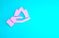 Pink Hand holding a fire icon isolated on blue background. Insurance concept. Security, safety, protection, protect Royalty Free Stock Photo