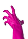 Pink hand on white background, isolated, paint