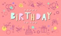 Pink Happy Birthday card with line icons in background