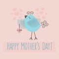 Pink Happy Mother`s Day card with blue bird