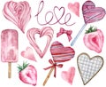 Pink Happy Valentine`s Day Candy Hearts. Watercolor hand-drawn heart-shaped sweet elements.