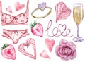 Pink Happy Valentine`s Day clipart. Watercolor heart-shaped sweet elements, bra set, ring, strawberry, champagne glass.