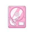 Pink hard disk drive illustration. Internal computer component graphic with recording head, circular platter, and Royalty Free Stock Photo