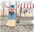 Pink hare drinks coffee in paris in spring