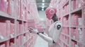 A Pink-Headed Robot Working in a Pink-Box Warehouse Royalty Free Stock Photo