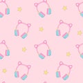 Pink headphones with cat ears flat vector seamless pattern