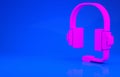 Pink Headphones icon isolated on blue background. Support customer service, hotline, call center, faq, maintenance Royalty Free Stock Photo