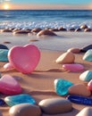 Pink heart on beach with colored stones at sunrise