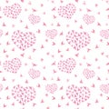 Pink heart with birds. Ditsy seamless pattern. Watercolor