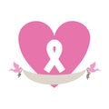 pink heart emblem with symbol breast cancer and pigeons with label Royalty Free Stock Photo