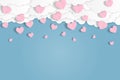 Pink heart fall down from blue sky. Valentine`s day greeting card and love concept. Paper art cut style with copy space. vector Royalty Free Stock Photo