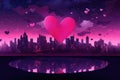 A pink heart hovers in the air above a bustling cityscape, representing loves presence amidst the urban chaos, A romantic city