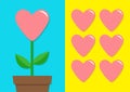 Pink heart icon set. Flower pot. Cute plant collection. Love card. Growing concept. Flat design. Bright blue yellow background. Ha Royalty Free Stock Photo
