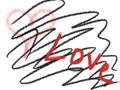 Pink heart Love spelled in red with black lines and white background wallpaper