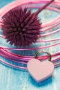 Pink heart padlock with petals on wooden backrgound Royalty Free Stock Photo