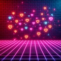 Pink heart pulses glowing edges arcade sweetie on a brick wall backdrop Generative AI