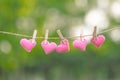 Pink heart shape decoration hanging on line with copy space for text on green nature background. Love, Wedding Romantic and Happy Royalty Free Stock Photo
