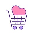 Pink heart shape in shopping cart RGB color icon.