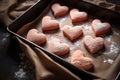 Pink heart shaped cookies on baking tray