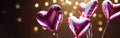 Pink heart shaped helium balloons with metallic glitter, bokeh light, dark blurred background. Confession of love Royalty Free Stock Photo