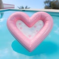 A pink heart-shaped mattress in a backyard pool. Heart as a symbol of affection and