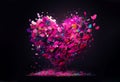 Pink heart with small colorful particles. Valentine's Day, love. Colors explosion. Postcard, greeting card design