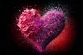 Pink heart with small colorful particles. Valentine's Day, love. Colors explosion. Postcard, greeting card design