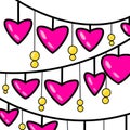 Pink Heart String Lights Pattern. Cute Hanging Hearts and Beads on White Background Royalty Free Stock Photo