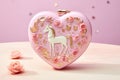 Pink heart with white unicorn on pink background. 3d illustration. A heart shaped gift box invites the viewer to open, AI Royalty Free Stock Photo