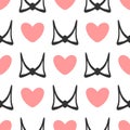 Pink hearts and black bows on white background. Colourl seamless pattern.