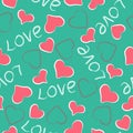 pink hearts of different shapes, gray word love, gray outline of a heart on a mint background. valentine Royalty Free Stock Photo