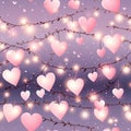 Pink hearts and fairy lights, seamless repeating background. Love or Valentine\'s Day theme..