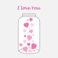 Pink hearts in a glass jar, thanks card, I love you, vector illustration for Valentines day