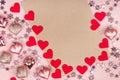 Pink hearts and a sheet of paper, Valentine`s day Royalty Free Stock Photo