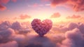 Pink hearts together forming a big heart above the clouds with the sun behind and an atmosphere of pink sky and clouds. Valentine