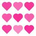 Pink hearts with various white geometric patterns. Set of 9 vector icons isolated. Royalty Free Stock Photo