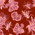 Pink Hibiscus Decor. Scarlet Flower Print. Coral Watercolor Decor. Floral Jungle. Seamless Illustration. Pattern Painting. Tropica Royalty Free Stock Photo