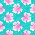 Pink Hibiscus flower, Hawaii, vector seamless pattern in the style of doodles, hand-drawn Royalty Free Stock Photo