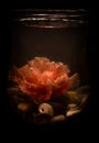 Pink hibiscus flower submerged in water lying on a bed of shells in the dark