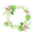 Pink hibiscus flowers and leaves frame. Watercolor. Royalty Free Stock Photo