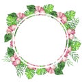 Pink hibiscus flowers and tropic leaves frame. Watercolor. Royalty Free Stock Photo