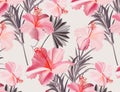 Pink hibiscus summer pattern. Beach floral plant texture, paradise coast summer tropical jungle decoration. Vector design