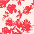 Pink Hibiscus Textile. Red Flower Texture. Coral Seamless Palm. Scarlet Watercolor Jungle. Pattern Leaves. Tropical Backdrop. Exot Royalty Free Stock Photo